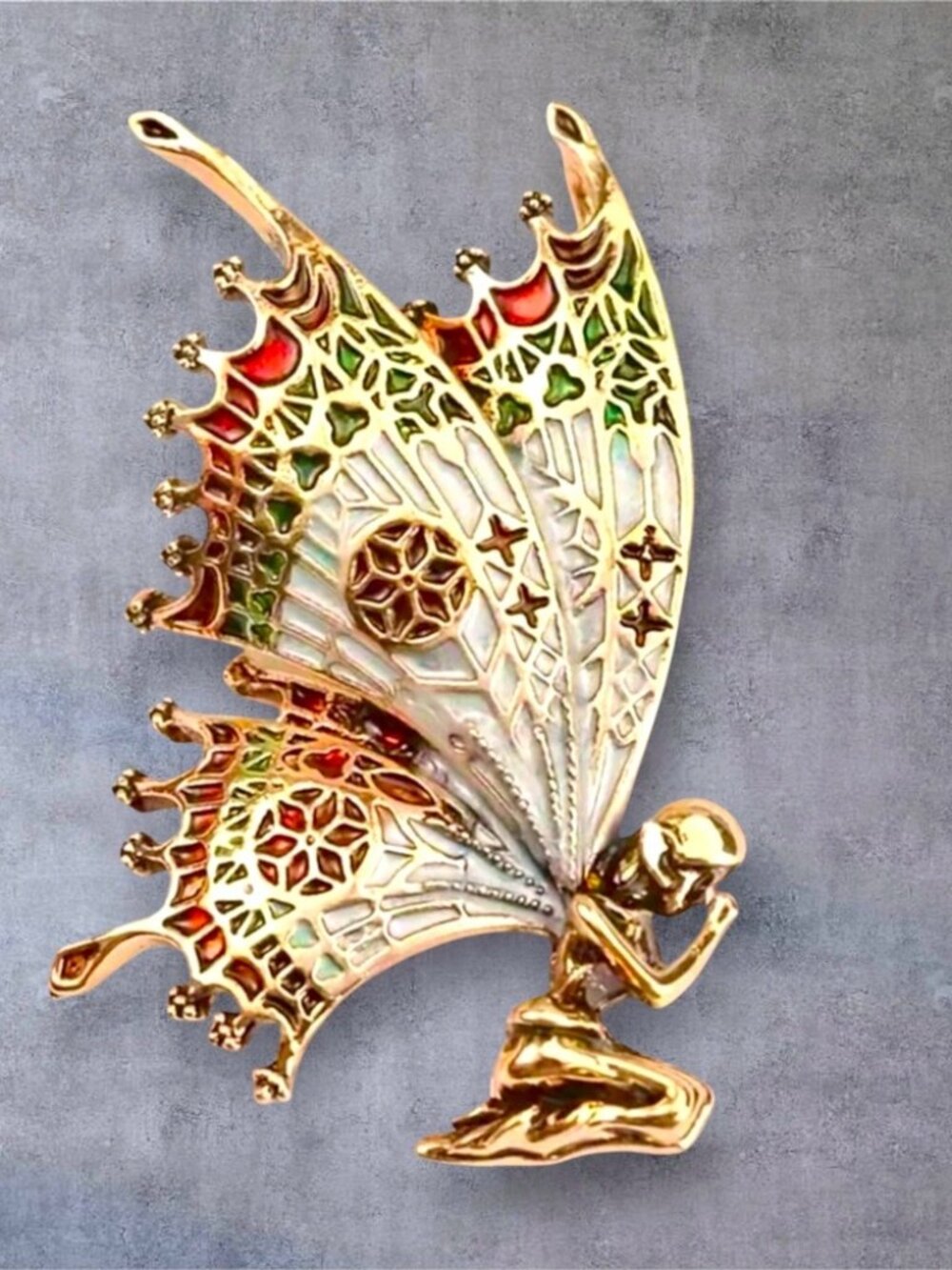 Butterfly Angel Fairy Gold, Green, Maroon, Gray, & Red Brooch Pin